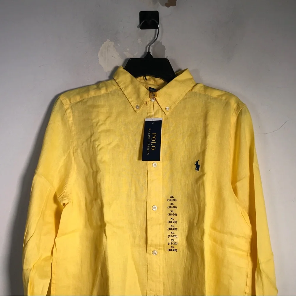 Ralph Lauren Linen Log Sleeve Button Up Shirt, Boy's Size XL 18/20 - Yellow